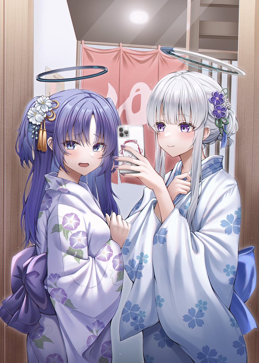 yuuka (blue archive) multiple girls 2girls japanese clothes kimono purple eyes floral print hair ornament  illustration images