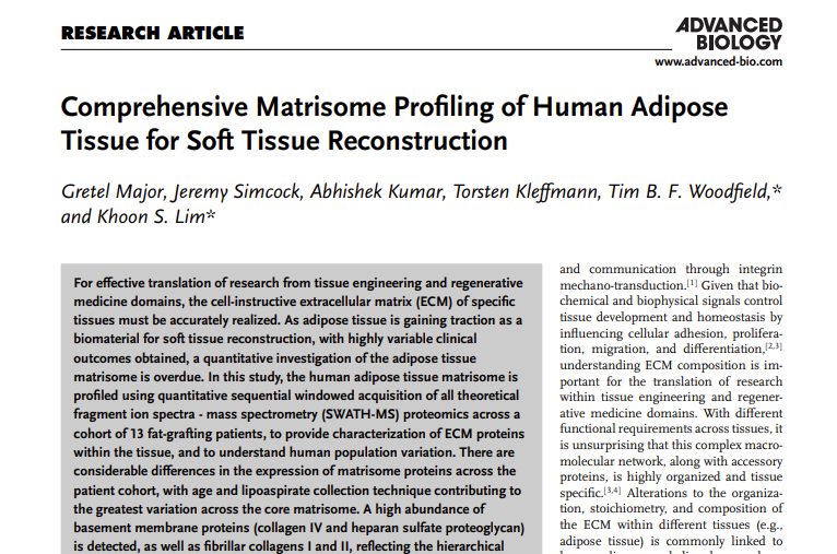 New paper led by the fantastic @GretelMajor! We looked at matrisome profiling of human adipose tissue -> paper now online at onlinelibrary.wiley.com/doi/10.1002/ad… @AdvSciNews @Adv_Biology @ASBTE1 #biomaterials #proudPI @Tim_WoodfieldNZ