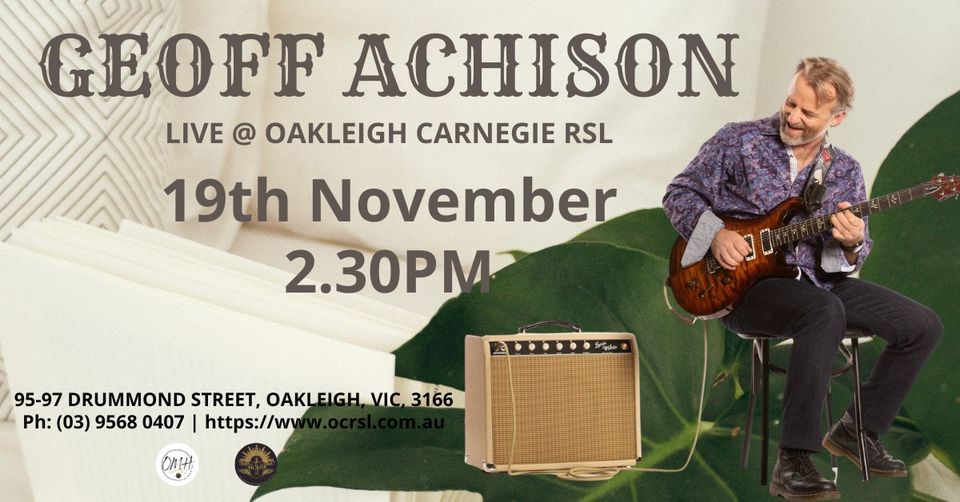 Experience the incredible Geoff Achison Music at Oakleigh Music Hall! 

Tickets: bit.ly/OMHGeoffAchiso…

#OakleighMusicHall #GeoffAchisonMusic #LiveBlues #Entertainment