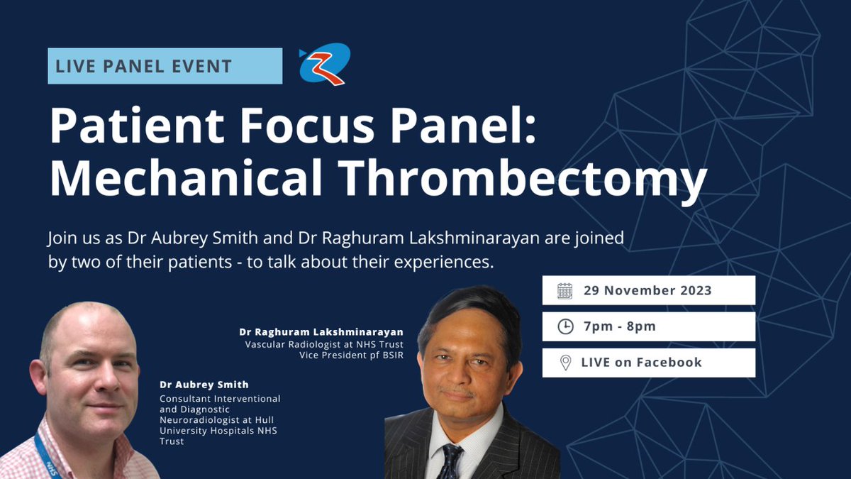 Patient Focus Panel: Mechanical Thrombectomy
29th November | 7pm-9pm | Live on Facebook

Join us as Dr Aubrey Smith and Dr Raghuram Lakshminarayan are joined by two of their patients - to talk about their experiences.

See you there!

#MechanicalThrombectomy #StrokeAwareness
