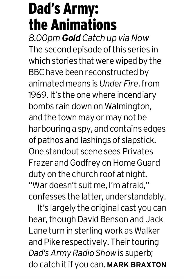 Dad's Army: the Animations continues tonight at 8pm on @goldchannel with Under Fire, an episode that was first broadcast on BBC1 on Saturday 5 April 1969. @RadioTimes @DavidBensonSays @RealJackLane