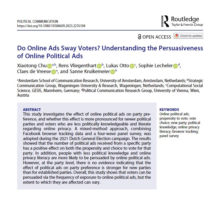 Xiaotong Chu (@xiaotongchu) on Twitter photo New paper out in <a href="/polcommjournal/">Political Communication 📓</a>: Is the voting decision affected by the number of online political ads a voter receives? Which parties wield more influence? Which traits make a voter more susceptible? Find the answers at: doi.org/10.1080/105846… New paper out in <a href="/polcommjournal/">Political Communication 📓</a>: Is the voting decision affected by the number of online political ads a voter receives? Which parties wield more influence? Which traits make a voter more susceptible? Find the answers at: doi.org/10.1080/105846…
