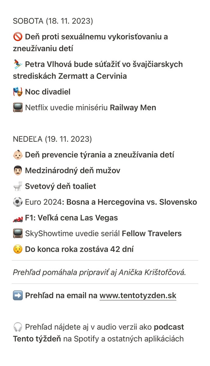 📅 Čo sa bude diať tento týždeň (13. 11. 2023) Prehľad pomáhala pripraviť aj @AKristofcova ✨ Prehľad posielame každý pondelok o 8:00 aj ako e-mail s odkazmi a podrobnejším popisom 📬👉 Aktivujte si newsletter na tentotyzden.sk Online verzia: tentotyzden.substack.com/p/13-11-2023