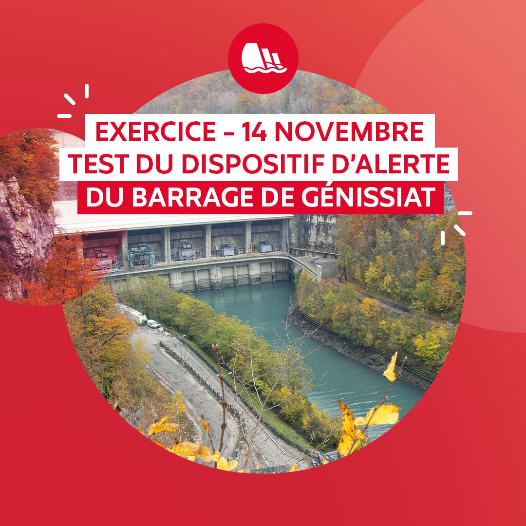 CNR_Officiel's tweet photo. 🔴 EXERCICE de #crise le 14 novembre pour tester le dispositif d'alerte et de #sécurité du barrage de #Génissiat de 8h à 12h. Habitants des communes de #Seyssel, vous êtes donc susceptible de recevoir un message sur votre téléphone. https://t.co/Pt4MK6ebeK https://t.co/pDWx13zGIM