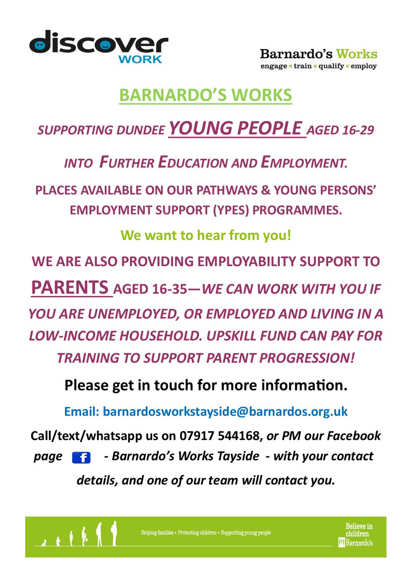 To mark the start of #ScotCareersWeek23 @BarnardosWorks Tayside is promoting places on our Pathways, Young Persons' Employment Support and Parental Employment Support Programmes in Dundee.
Please get in touch if you know anyone who would benefit from this support.#positivefutures