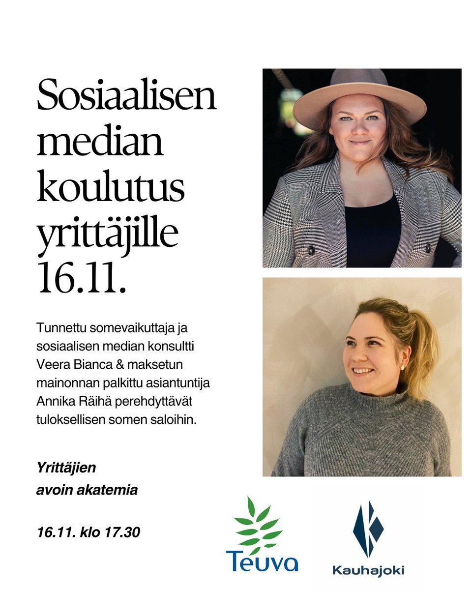 Tuloksellisen somen salat 
Maksuton somekoulutus 16.11.23 klo 17:30 Teamsissa tai lähikatsomossa. Tule kuulemaan sosiaalisen median trendeistä ja opi rakentamaan menestynyt yritysbrändi somessa!  Lisää tietoa ja ilmoittautuminen: teak-toimitilat.fi/some-koulutus/