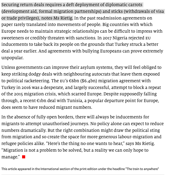 VRietig's tweet image. Thank you @TheEconomist for highlighting our research on the use of carrots and sticks in #migration cooperation, aka #conditionality. A short thread🧵on what we found and why it matters. 1/8
economist.com/international/…