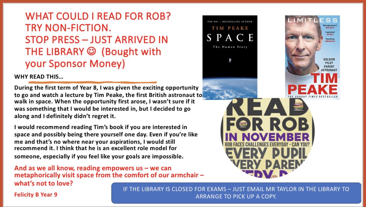 HHS_Reading's tweet photo. Week 2 Read for Rob. Book recommendation from Felicity in Year 9, inspired by a lecture she watched by Tim Peake himself!
#ReadforRob #MND #ReadingForPleasure https://t.co/eX6ziuL8Rk