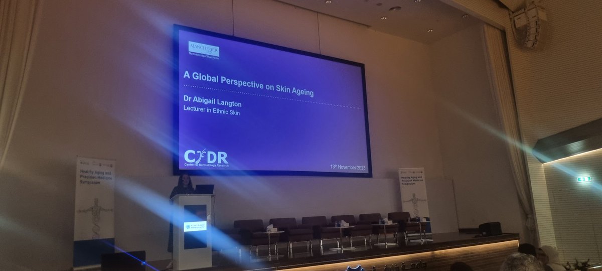 Day 1 of the Healthy Aging and Precision Medicine Symposium at @KhalifaUni. @OfficialUoM's @LangtonSkinLab speaking in the first session on 'A Global Perspective on Skin Aging'