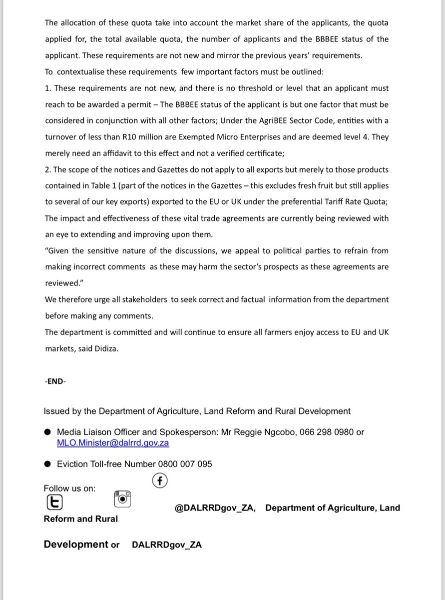 Valuable clarification from South Africa’s Agricultural Ministry on this issue of agricultural exports to the EU and UK. The statements on the weekend papers are incorrect.