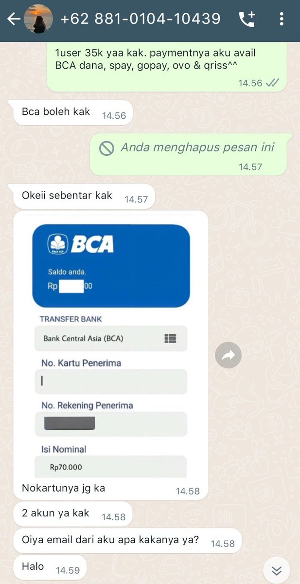 bubblebiblle's tweet image. HELP RT‼️
BE AWARE BUAT ANAK BA ⚠️

hati hati sama nomor +62 881-0104-10439 aku hampir ketipu sama dia. kronologinya dia mau beli netflix 1 bulan via BCA, tapi aku malah disuruh masukin no kartu, dikira aku goblok kali ya. jangan pernah kasih no kartu ke siapapun!

#zonauang