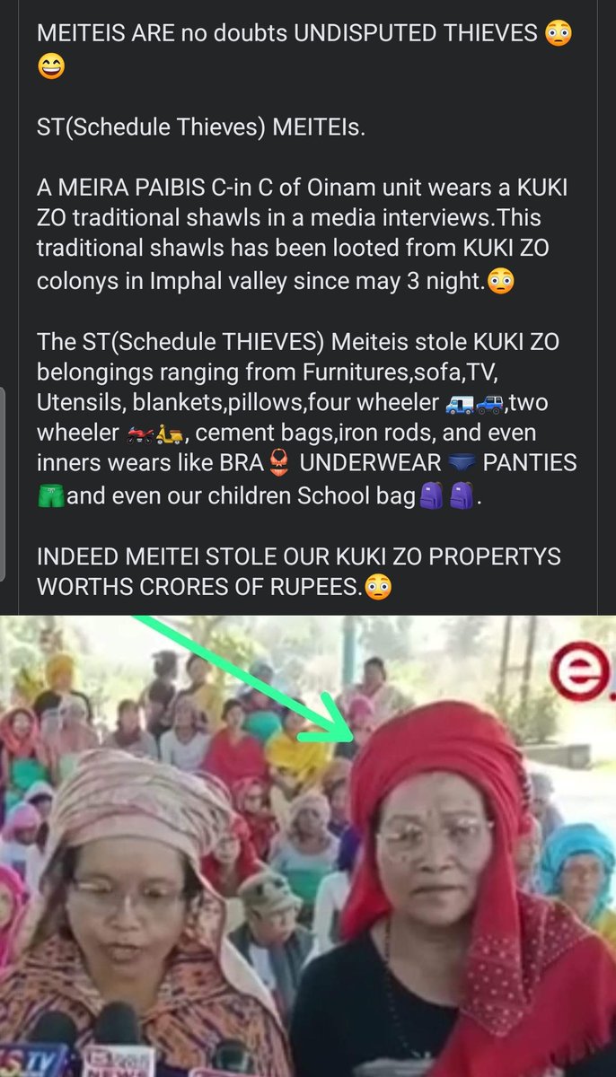 Meitei woman proudly wearing a stolen traditional Thadou shawl 'Saipikhup' on her head. This shit is hilarious. 🤣🤣🤣
#MeiteisThieves