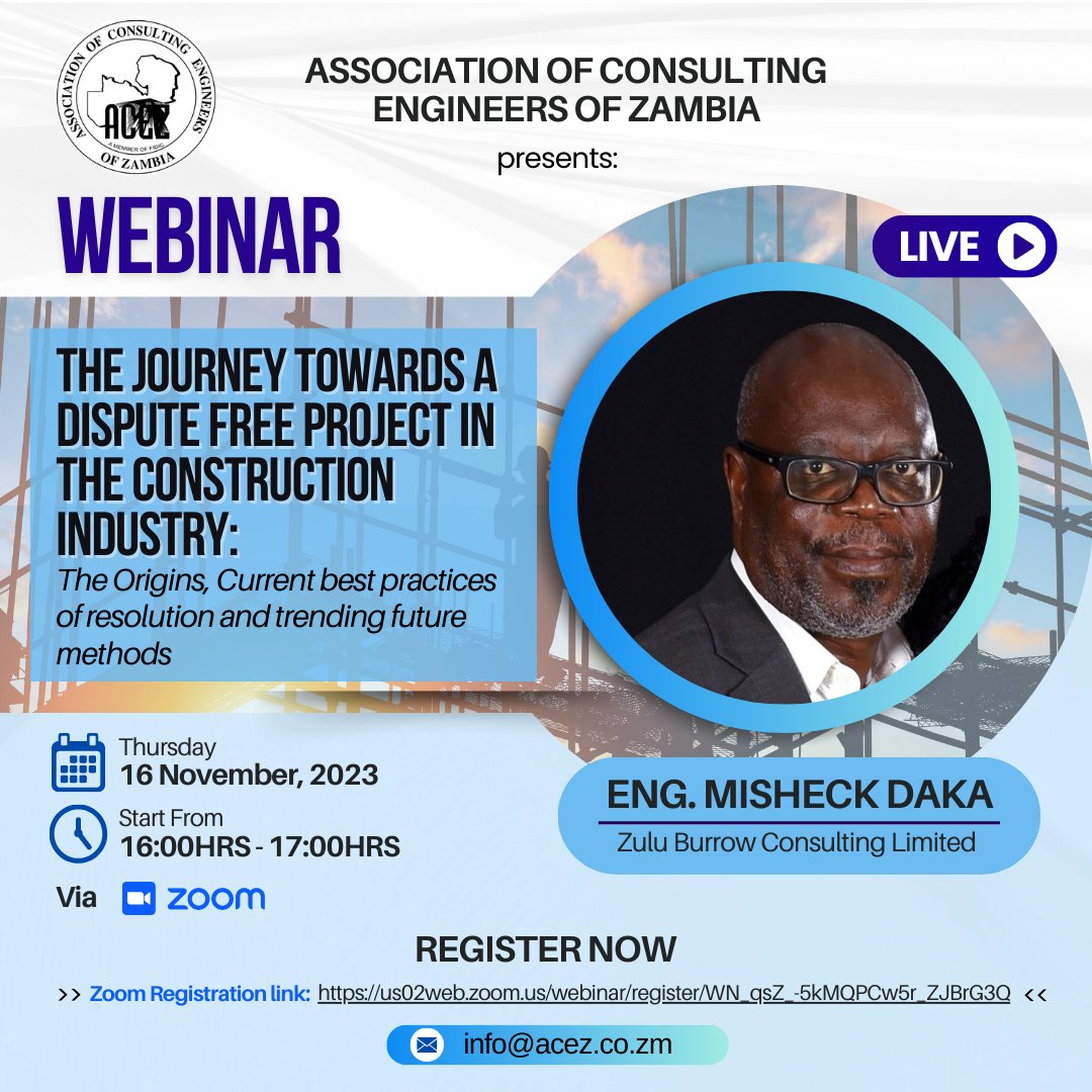 FREE WEBINAR:

THE JOURNEY TOWARDS A DISPUTE FREE PROJECT IN THE CONSTRUCTION INDUSTRY
The Origins, Current best practices of resolution and trending future methods

Register in advance for this webinar:
REGISTRATION LINK:
us02web.zoom.us/webinar/regist…