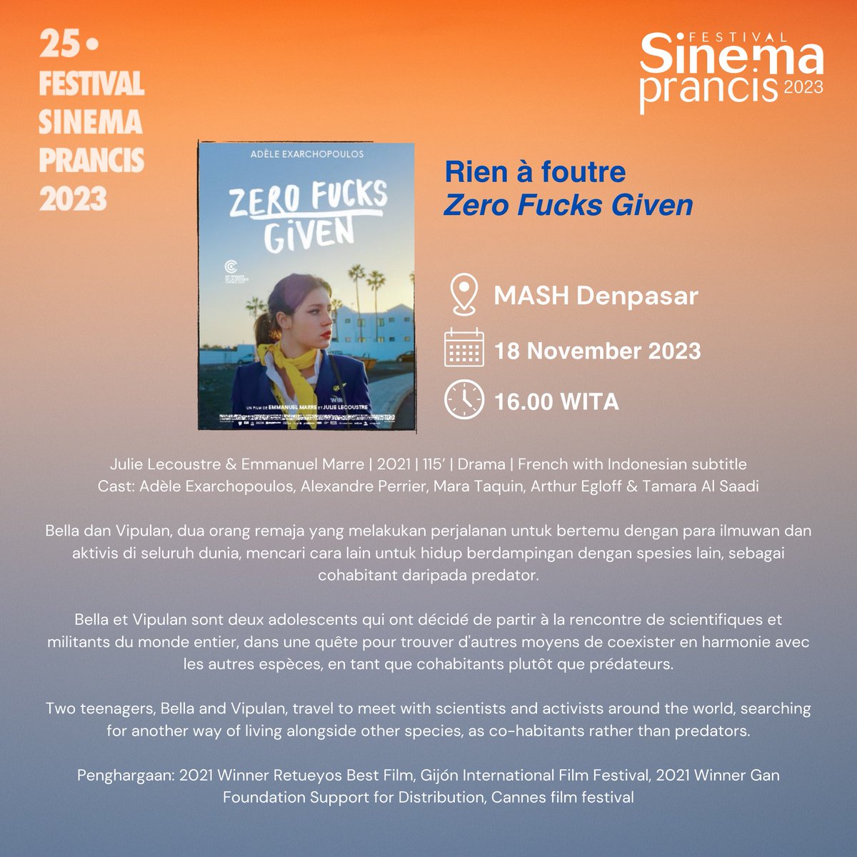 [Festival Sinema Prancis 2023 di MASH Denpasar]
→ Sabtu, 18 November 2023
Rien à foutre (Zero Fucks Given)
18 November 2023 | 16.00 WITA
Durasi : 115 menit
Teks dalam bahasa Indonesia