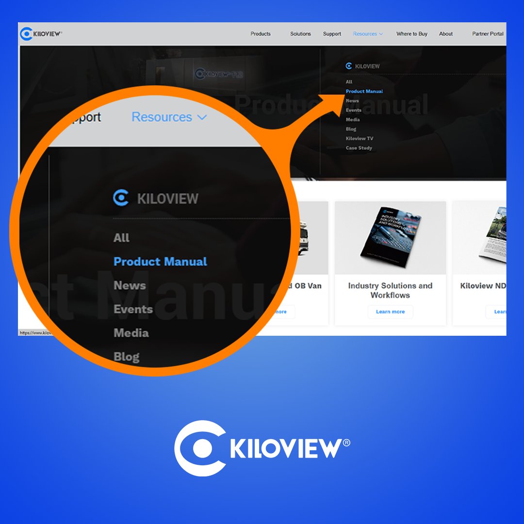 kiloview's tweet image. Here are 2 ways to get more Kiloview product information:
1. Click this link: kiloview.com/en/product-man…
2. Log on website kiloview.com/en/, place the mouse on "Resources" of navigation bar, and click on "Product Manual" to enter the page. (As shown in the following image.)