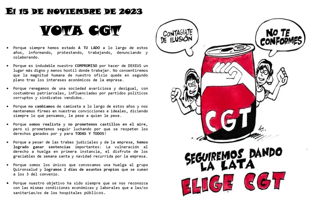 CGTDexeus's tweet photo. Calentando motores!!! Este miércoles 15/11 de 6:30 a 22 hs no te olvides de votar! Si tienes dudas pregúntate  PORQUE!?
VOTA CGT!!! Sol, Ruth, Silvia, Mamen, Jenny, Carlos, Moncho, Mery y todas las personas comprometidas por lograr de Dexeus un lugar de trabajo mejor para tod@s!! https://t.co/5ZBhIIEBGT