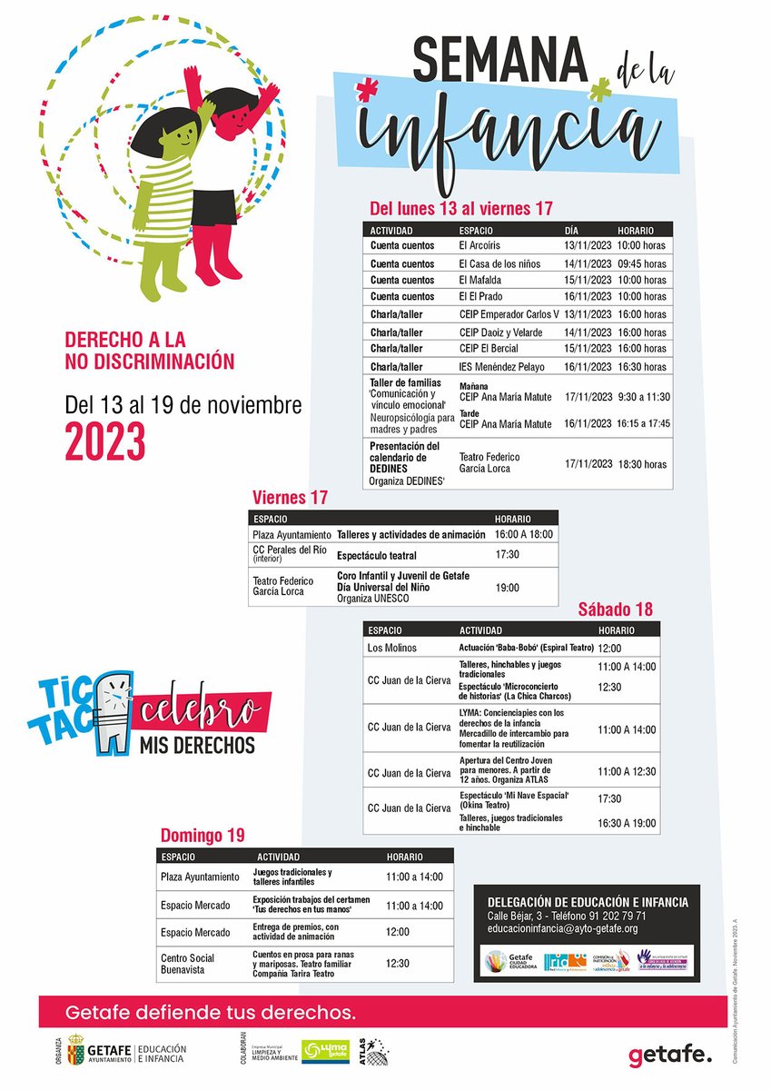 Celebramos la Semana de la Infancia, desde hoy hasta el domingo 19 de noviembre, con acciones educativas, de reflexión y debate, así como actividades lúdicas y festivas.   

Más información 👇 
educacion.getafe.es/celebraciones/