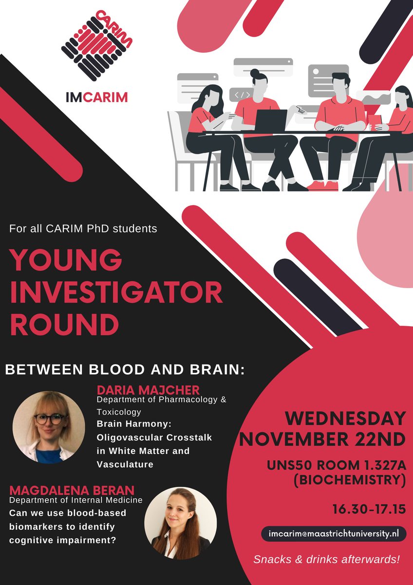 Next week a new young investigator round, by and for @CARIMMaastricht PhDs. Between Blood and Brain 🧠🩸🍻Followed by drinks! #younginvestigators