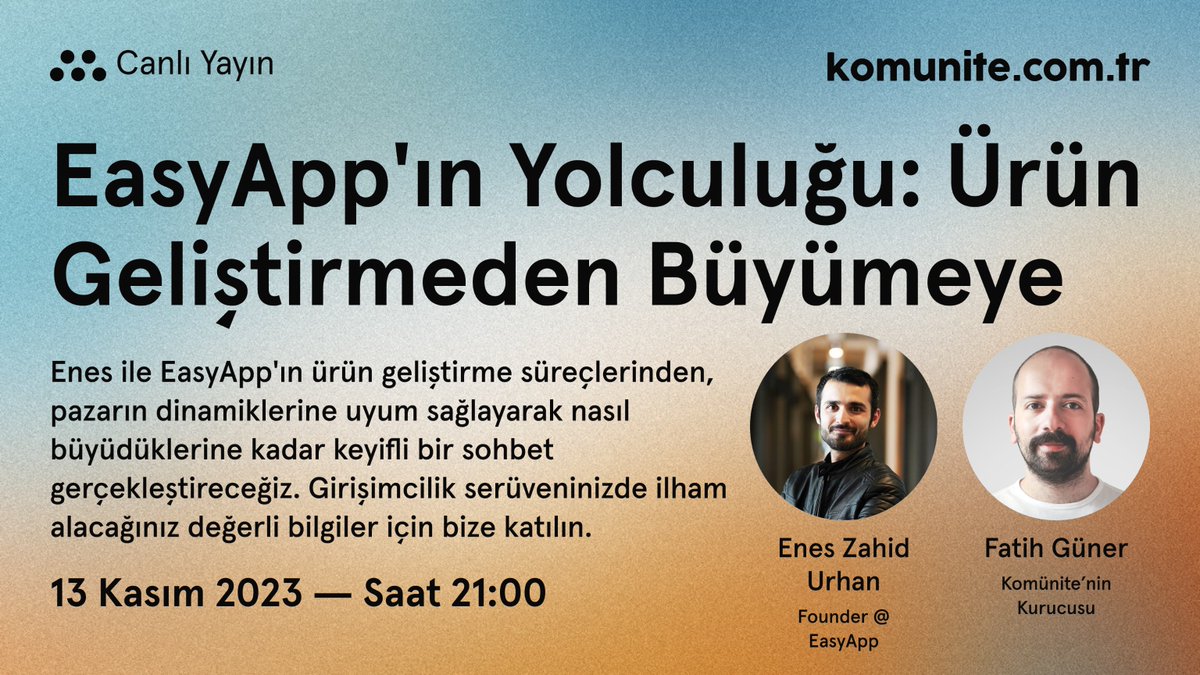 Bu akşam saat 21.00'de Komünite'nin kurucusu @fatihguner, @easyapp_co'in kurucusu @urhanco ile 'Ürün Geliştirmeden Büyümeye' başlıklı bir sohbet yapacaklar. 

Kendinize hatırlatma kurmak için YouTube linki bir sonraki twitte.