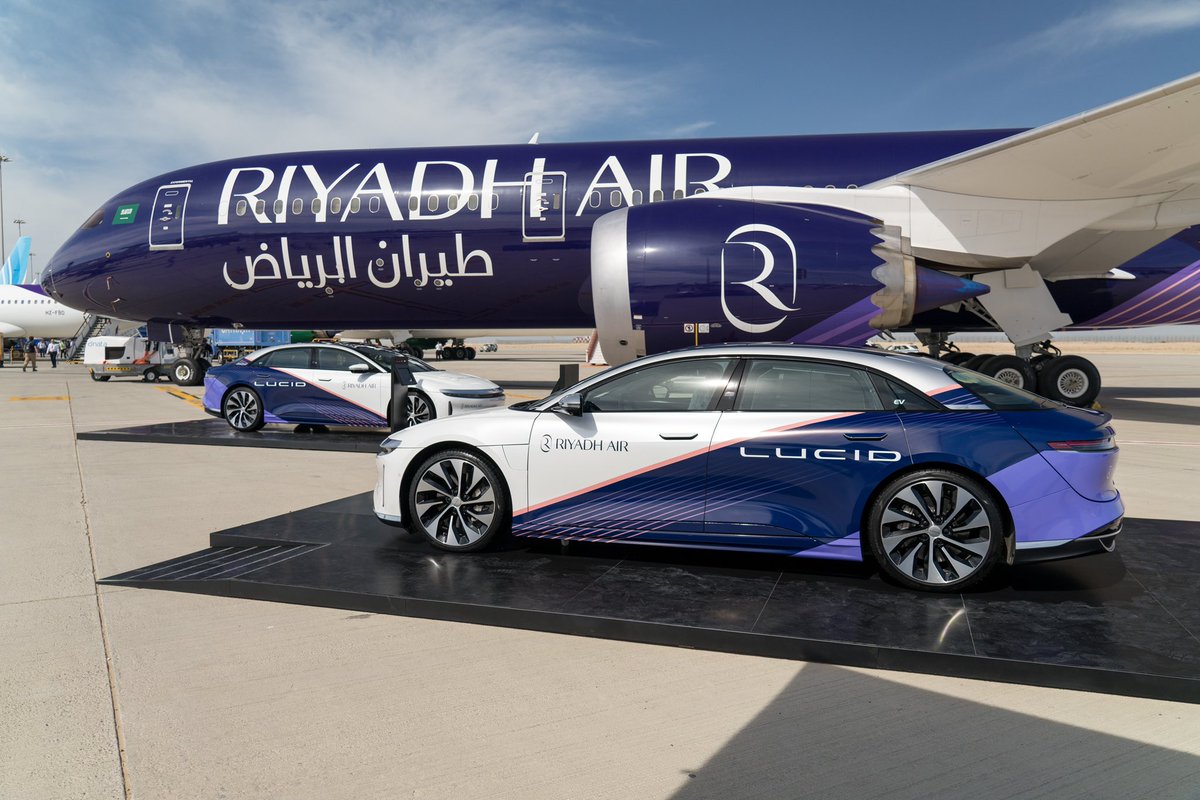 RiyadhAir's tweet photo. If you think technology can't break new ground, think twice. 

Introducing our pioneering new partnership with @LucidMotors, as we unite with a shared vision to drive innovation and sustainability into the future.

#FutureTakesFlight #DAS23 #RiyadhAir https://t.co/30MzRwx1R0