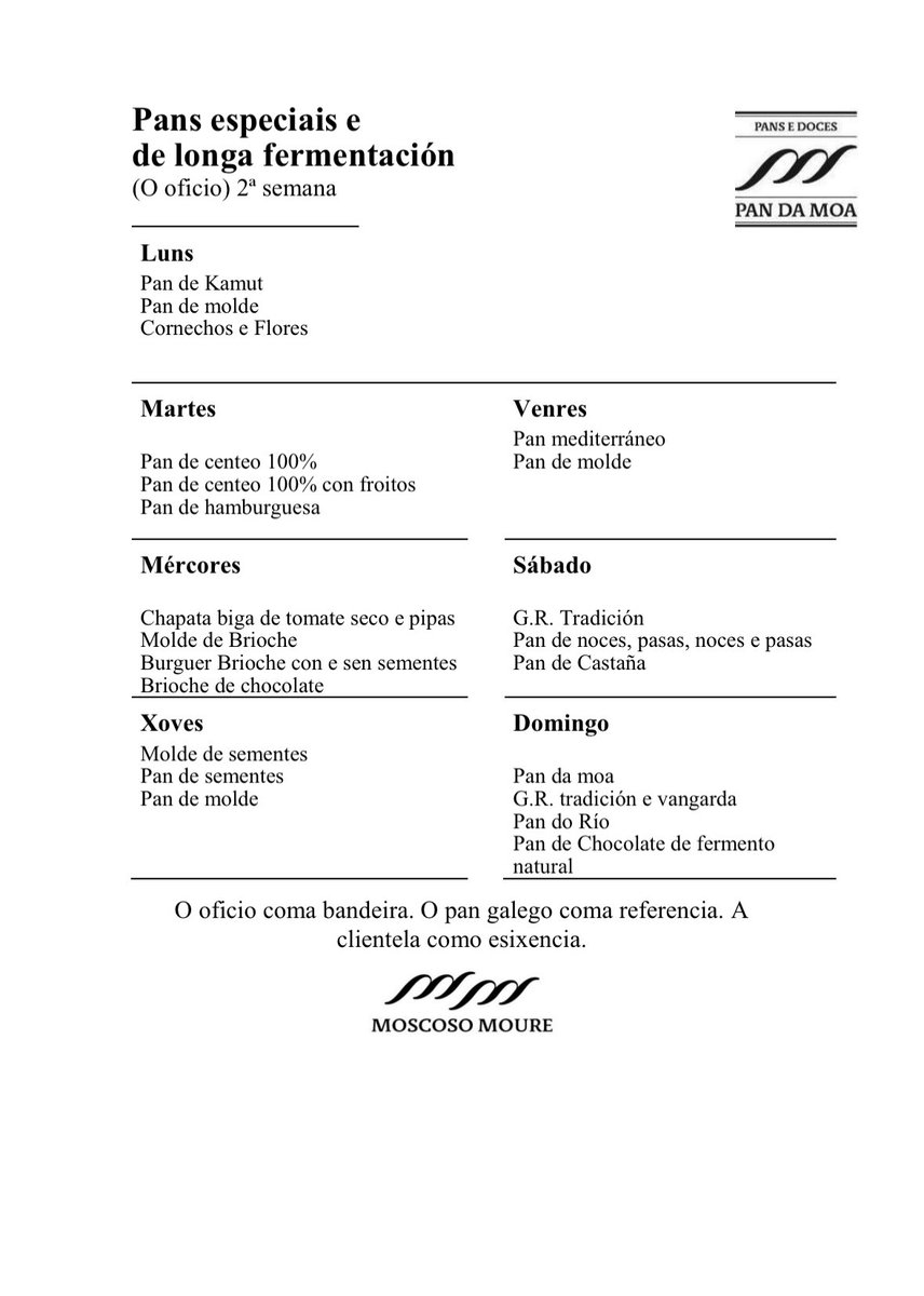 Calendario de Pans Especiais desta semana
13-19/11/23