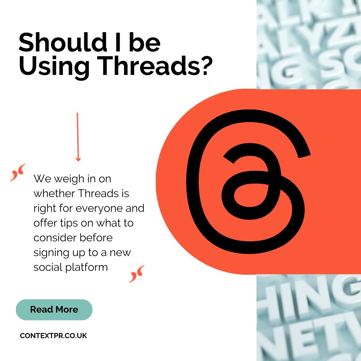 In our latest blog, we weigh in on whether Threads is right for everyone and offer tips on what to consider before signing up to a new social platform.
Read more here: buff.ly/3SDcxez 

#TechPR #B2BPR #PublicRelations #ContextPR #Threads #SocialMediaStrategy