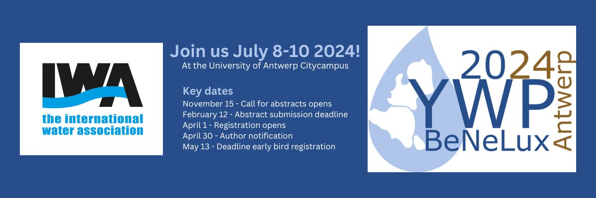 YWP Benelux (@ywp_benelux) on Twitter photo We're please to announce that the next edition of the <a href="/IWAHQ/">International Water Association</a> YWP BeNeLux conference next year will be held <a href="/UAntwerpen/">UAntwerpen</a>, July 8-10 2024! Keep an eye out for the launch of the new website and call for abstract later this week. We're please to announce that the next edition of the <a href="/IWAHQ/">International Water Association</a> YWP BeNeLux conference next year will be held <a href="/UAntwerpen/">UAntwerpen</a>, July 8-10 2024! Keep an eye out for the launch of the new website and call for abstract later this week.