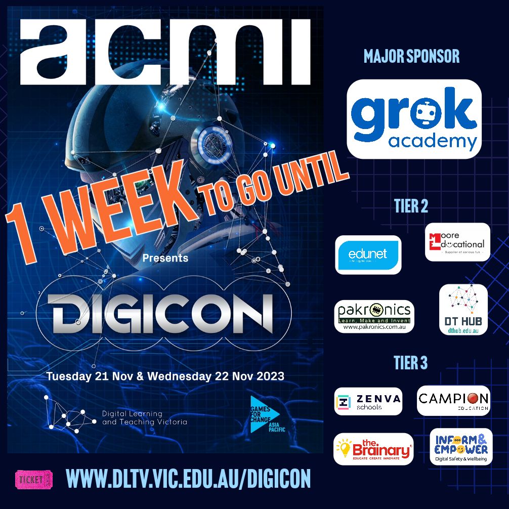 1 Week to go!

Limited tickets available for both days - book now!

dltv.vic.edu.au/DigiCon 

🔥 🎟️ 💨