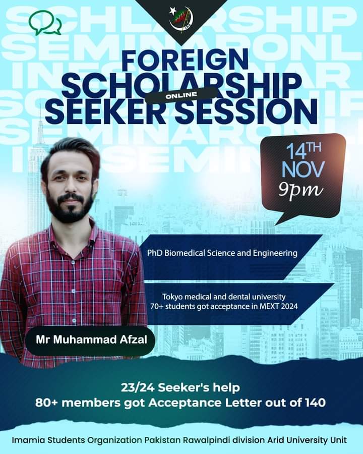ISORWP's tweet photo. Foreign Scholarship Seeker Session(Online)

Speaker 
Mr Muhammad Afzal
PhD Biomedical Science and Engineering from Tokyo medical and dental university

14 November 2023 9pm
#ISOPakistan 
#IMC_RWP_DIV 

Imamia Students Organization Pakistan Rawalpindi Division Arid University Unit https://t.co/NHNUeUBREn