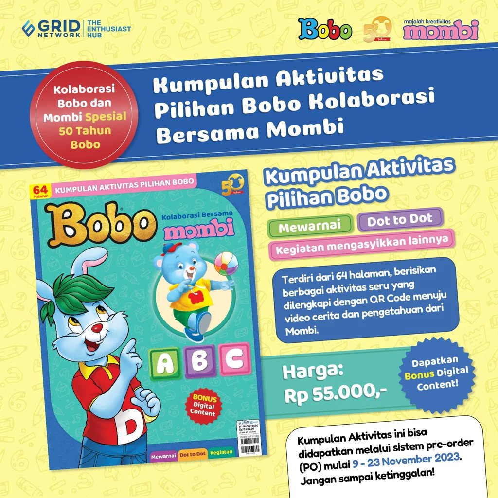 Bobo rilis majalah lagi nih, edisi kumpulan aktivitas buat bocil-bocil

OS Gramed: shope.ee/4poyflW6ny