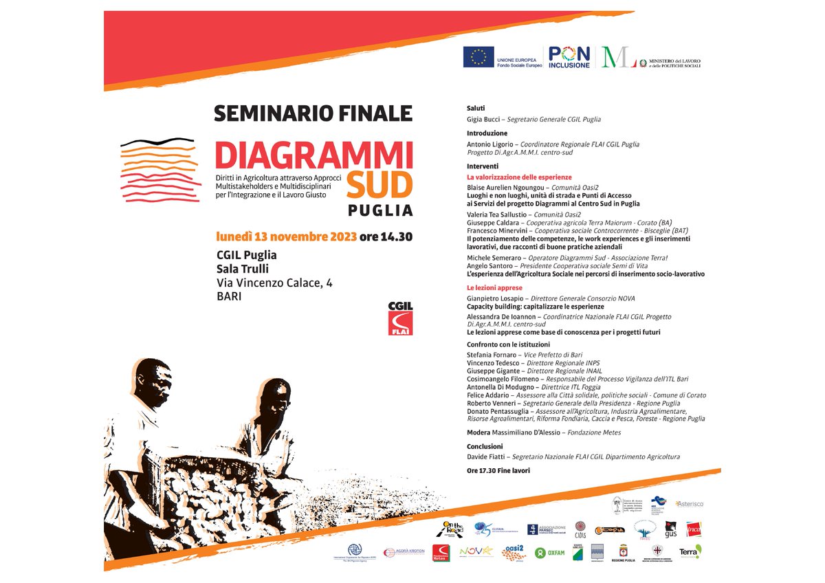 Si terrà oggi pomeriggio, a partire dalle ore 14.30, il Seminario finale del Progetto <a href="/DiagrammiSud/">Progetto Diagrammi SUD</a> per la Regione Puglia. L'evento avrà luogo presso la Sala Trulli della sede della CGIL a Bari ed in diretta su piattaforma Teams.
Per registrarsi > shorturl.at/afyY4
