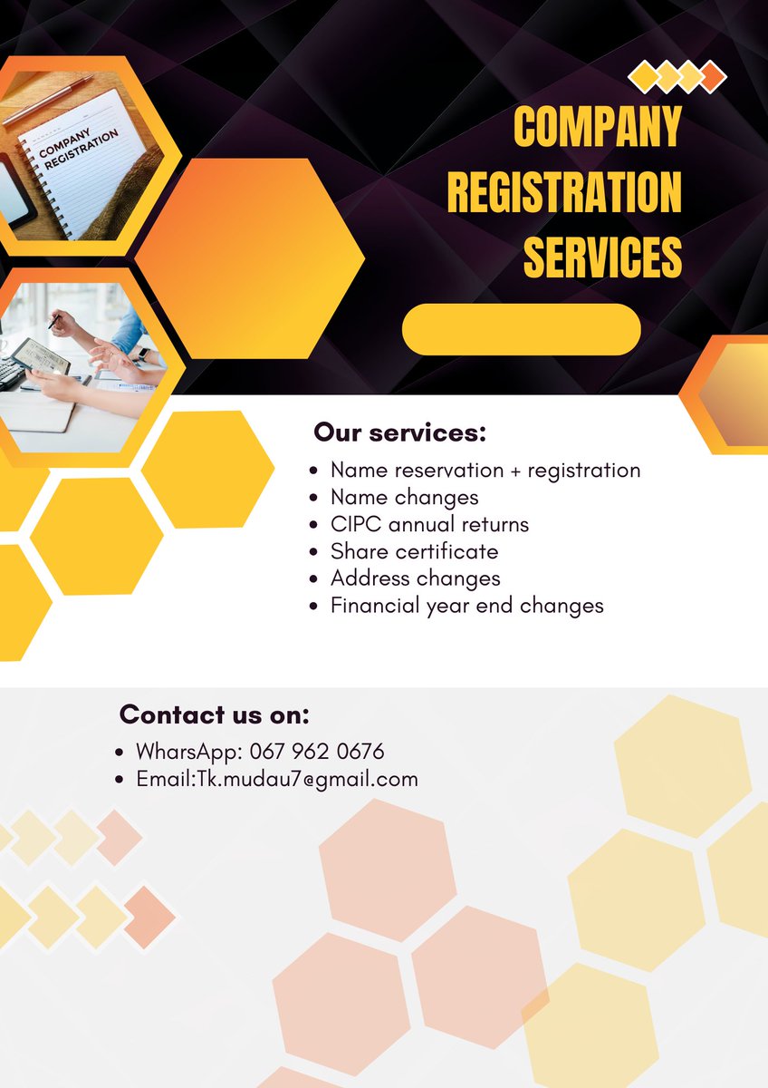 Starting a new company or running an existing one? Let me assist you with the following:

▪Name reservation + Company registration
▪Annual returns
▪Name change
▪Address Change
▪Financial year end changes
▪Share certificate

WhatsApp to 067 962 0676

#askaman #CheMci