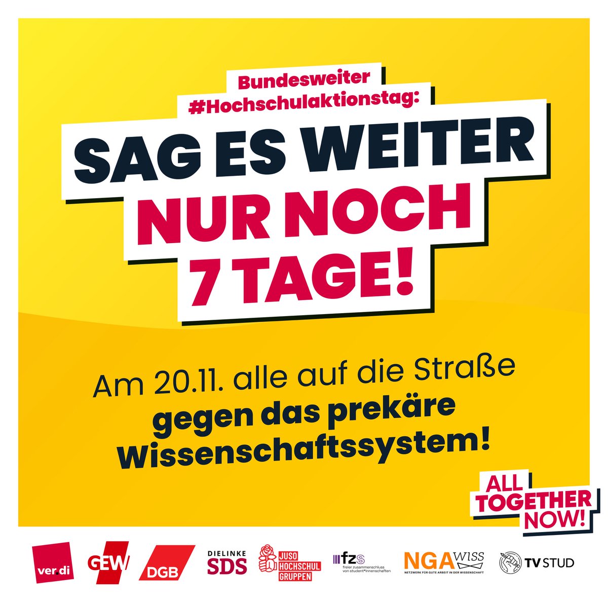 TVStud_bund's tweet image. Nur noch 7 Tage bis zum bundesweiten #Hochschulaktionstag gegen prekäre Wissenschaft!

Sag es weiter und schließ dich uns an! Eine Übersicht zu allen bisher geplanten Aktionen findest du auf: hochschulaktionstag.de.

ALL TOGETHER NOW!

#IchBinHanna #TVStud