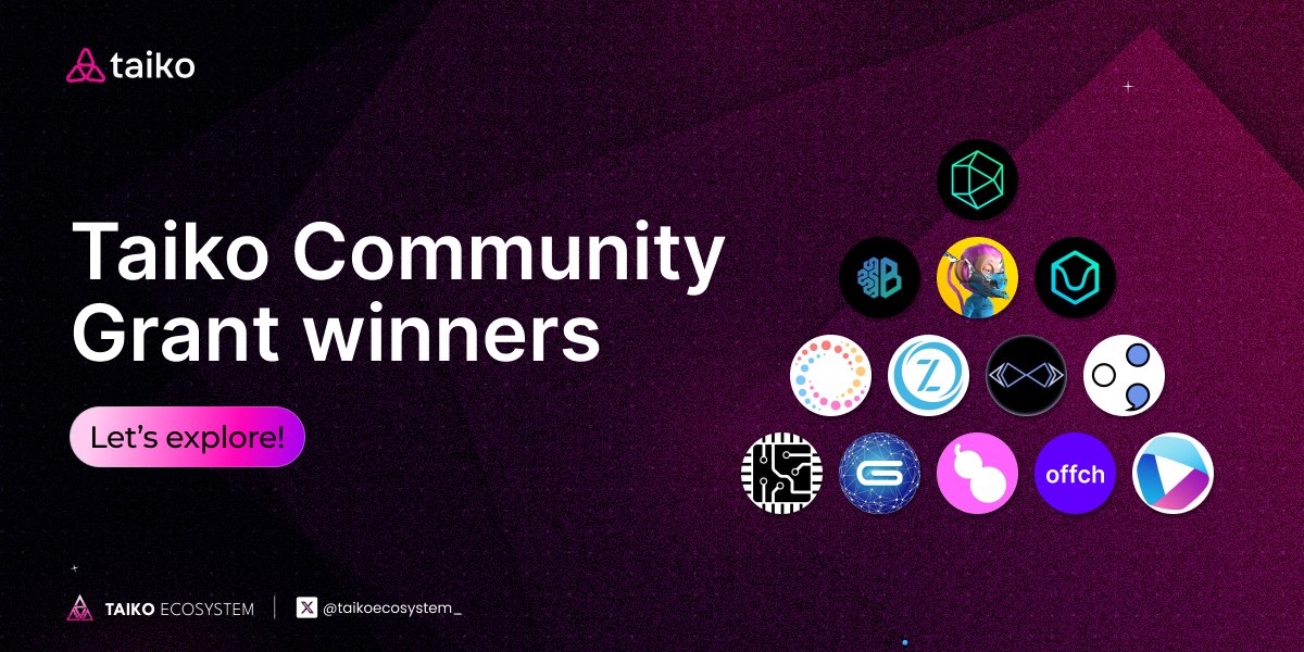 Announcing the Taiko Community Grant Winners 💗
Your open-building spirit got us here!

Congrats to all grantees! 🥁

💜 Like + RT
💚 Reply #TaikoEcosystem

👉 Read blog post mirror.xyz/0xFFe8a987328a…

#Taiko #TaikoEcosystem #TaikoCommunityGrant