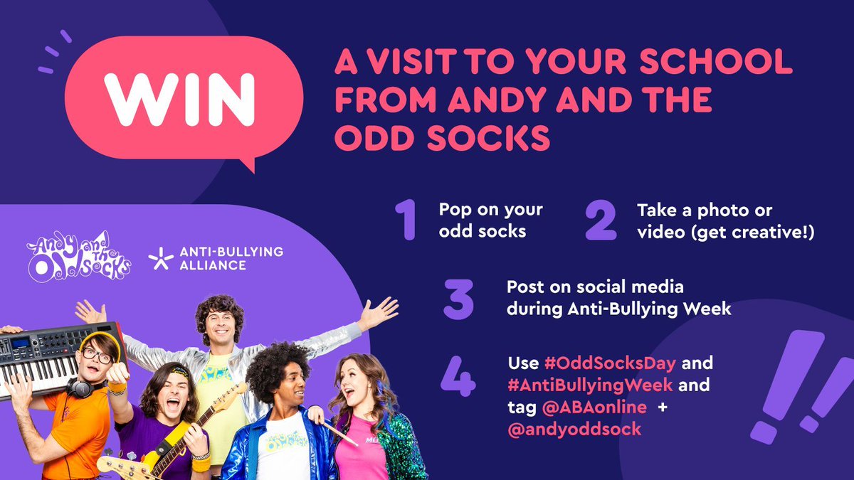 Anti-Bullying Alliance #AntiBullyingWeek (@abaonline) on Twitter photo It's officially #OddSocksDay & #AntiBullyingWeek 🥳🧦
Don't forget to show us your best #OddSocks - you might even win a visit from <a href="/andyoddsock/">Andy & the Odd Socks</a> 🤩
Follow the instructions below and help us #MakeANoise about bullying 📢 It's officially #OddSocksDay & #AntiBullyingWeek 🥳🧦
Don't forget to show us your best #OddSocks - you might even win a visit from <a href="/andyoddsock/">Andy & the Odd Socks</a> 🤩
Follow the instructions below and help us #MakeANoise about bullying 📢