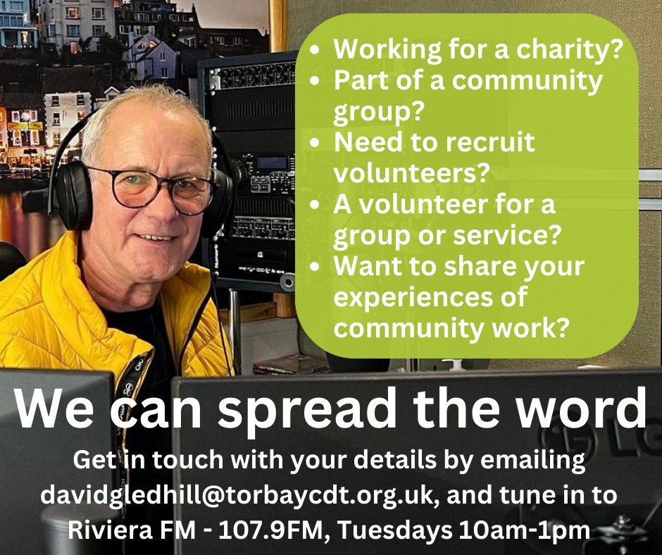 If you want to be featured on our new volunteering show (Tues 10am-1pm), get in touch with David - email davidgledhill@torbaycdt.org.uk You can tune in to @rivierafm on 107.9 FM or go to riviera.fm #volunteer #volunteering #vcse #torbay #brixham #paignton #torquay