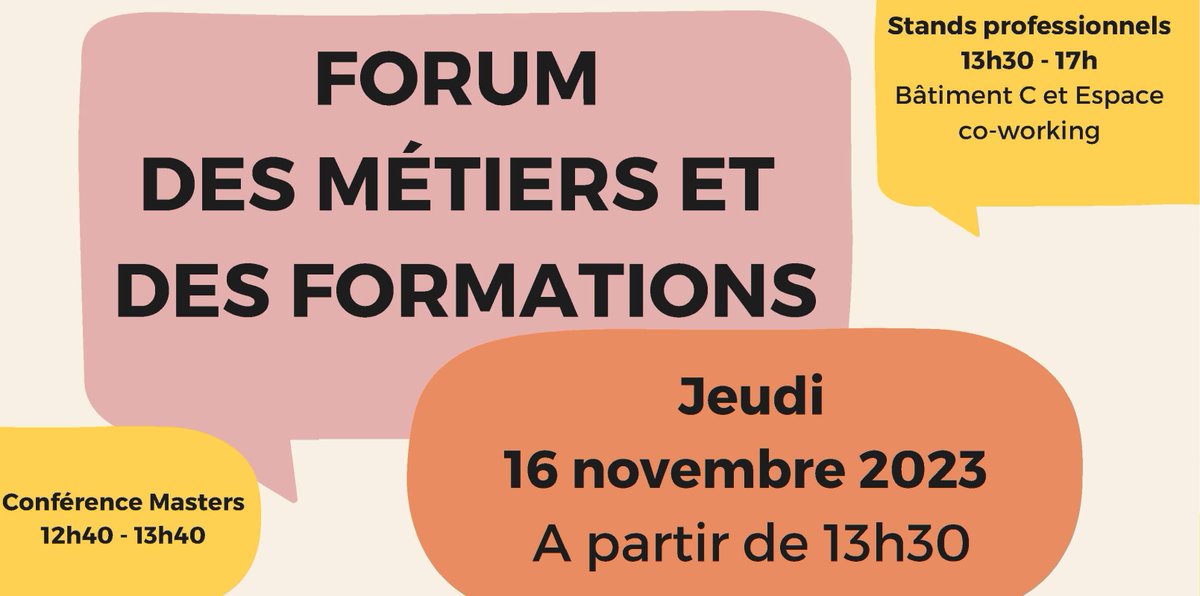 RDV le 16 novembre pour le traditionnel Forum des métiers et des Formations, organisé par le service R'Pros. Ne manquez pas la conférence Masters à 12h40 en amphi E, puis retrouvez les stands des professionnels et de nos formations à 13h30 ! cutt.ly/pwT0EIO1