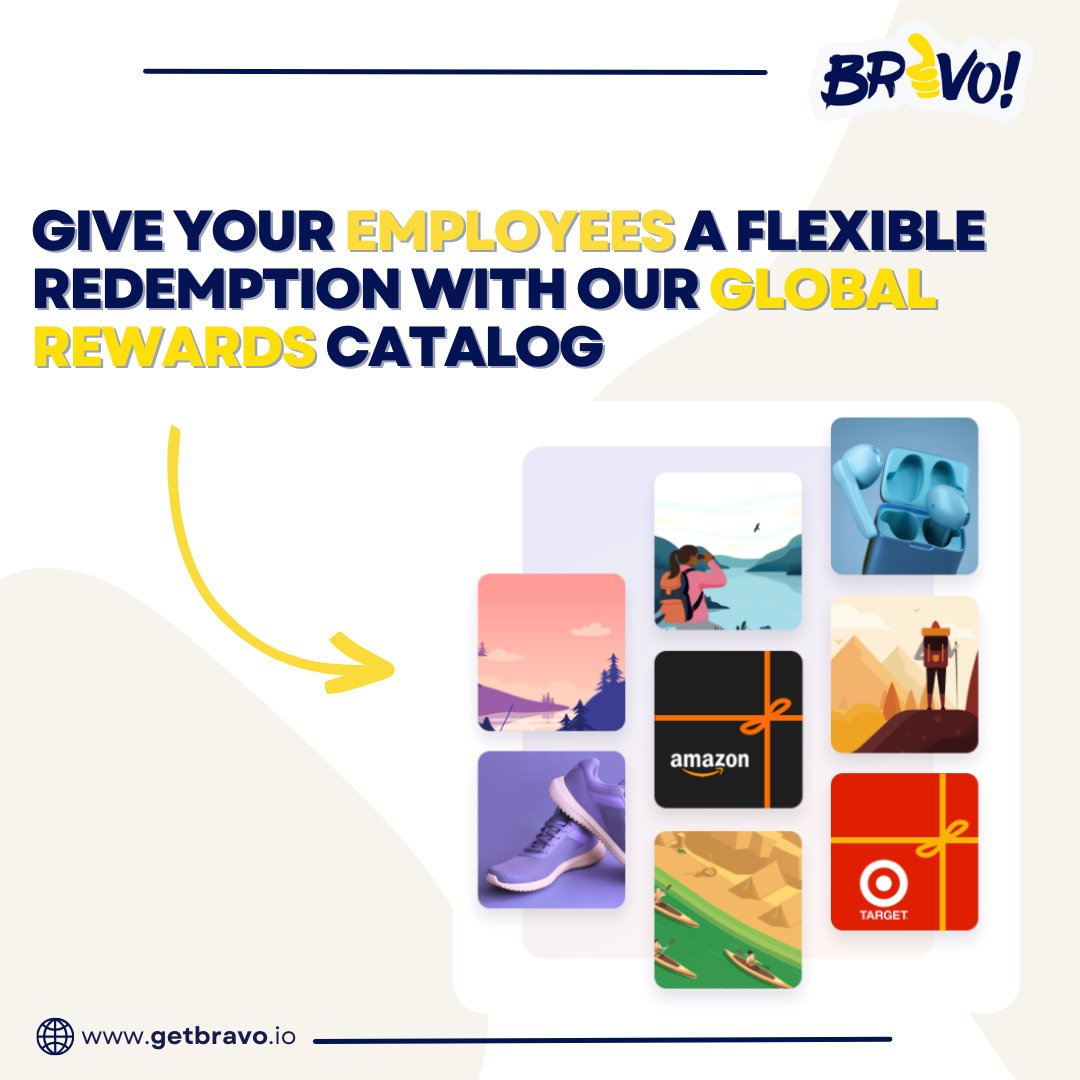 🌍 Introducing BRAVO's global rewards catalog, where recognition & flexibility coexist. Allow your staff to select their rewards, and you'll see a dramatic increase in motivation! Explore more: getbravo.io #BRAVO #AIPowered #EmployeeRecognition #RewardsCatalog