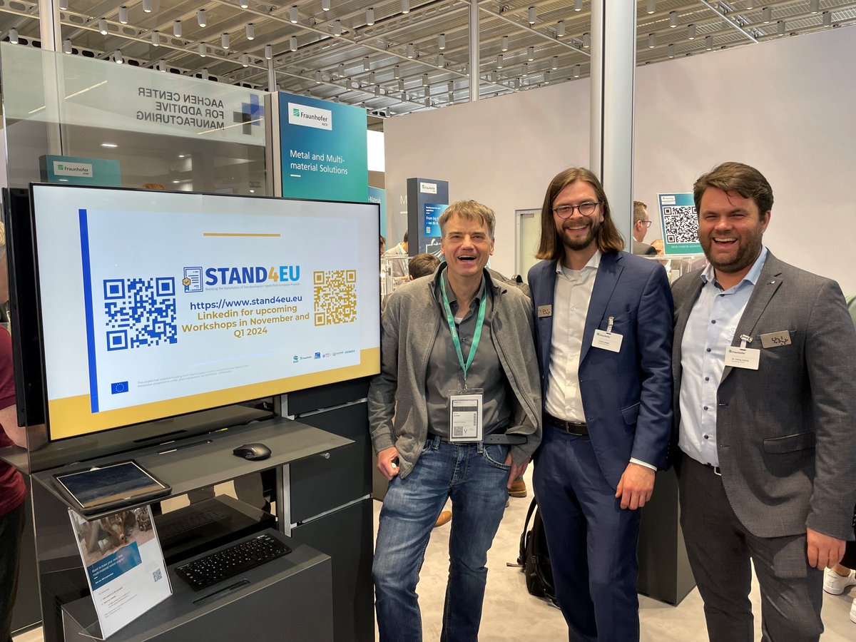 STAND4EU partaking in Formnext (one of the greatest AM Fairs worldwide) at the Fraunhofer booth where we presented information STAND4EU and the Validation Workshop next week at SBS:

lnkd.in/ecj2Uq5V

From left to right Schaefer Martin, Lukas Langer, Georg Schlick