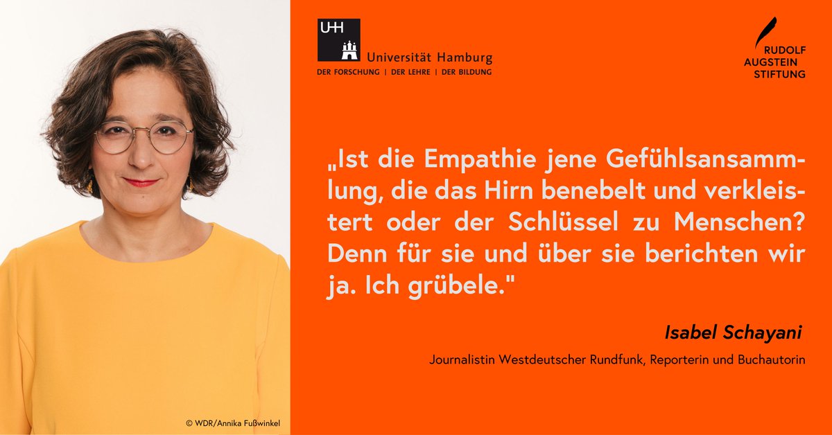 Stephanie Reuter (@steph_reuter) on Twitter photo Wie gelingt der Spagat zwischen einfühlsamer Berichterstattung und professioneller Distanz?
👏 Mit Bravour zeigt dies immer wieder <a href="/isabelschayani/">Isabel Schayani</a>
Morgen spricht sie in ihrer #Augstein-Lecture über Empathie im #Journalismus
🗓️ 14.11., 18.15 Uhr, <a href="/unihh/">Universität Hamburg</a>, Hörsaal B (1/2) Wie gelingt der Spagat zwischen einfühlsamer Berichterstattung und professioneller Distanz?
👏 Mit Bravour zeigt dies immer wieder <a href="/isabelschayani/">Isabel Schayani</a>
Morgen spricht sie in ihrer #Augstein-Lecture über Empathie im #Journalismus
🗓️ 14.11., 18.15 Uhr, <a href="/unihh/">Universität Hamburg</a>, Hörsaal B (1/2)