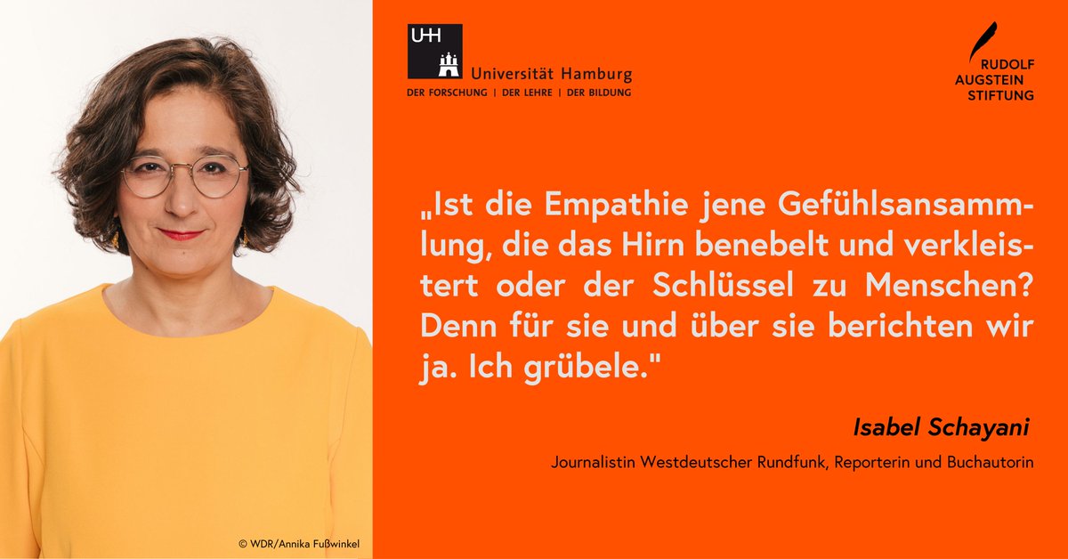 Wie gelingt der Spagat zwischen einfühlsamer Berichterstattung und professioneller Distanz? 👏 Mit Bravour zeigt dies immer wieder @isabelschayani Morgen spricht sie in ihrer #Augstein-Lecture über Empathie im #Journalismus 🗓️ 14.11., 18.15 Uhr, @unihh, Hörsaal B (1/2)