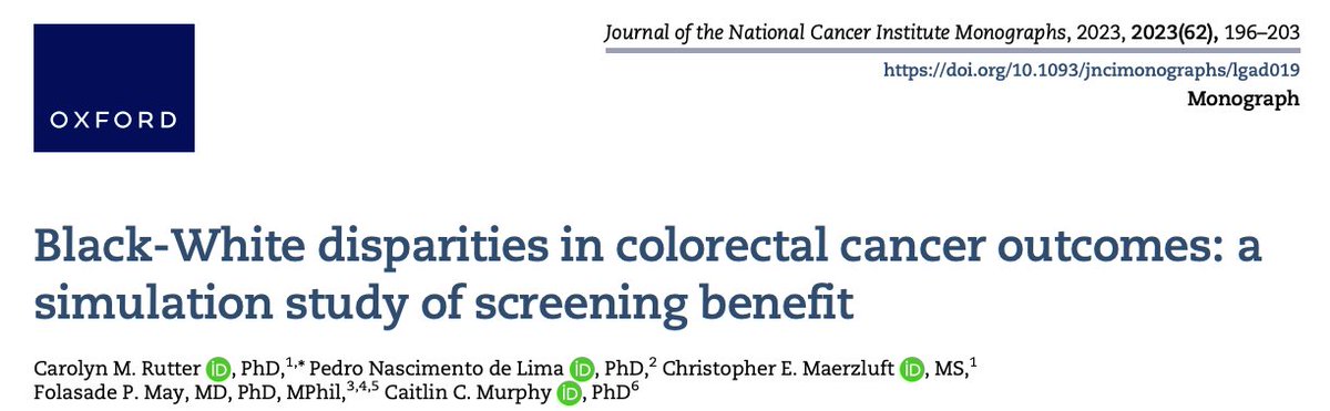 📢New #CRC publication ➡️Distal cancers greater in White people; proximal cancers greater in Black people. ➡️But screening similarly effective for both groups. ➡️Black–White incidence differences driven by screening disparities but not risk differences. academic.oup.com/jncimono/artic…