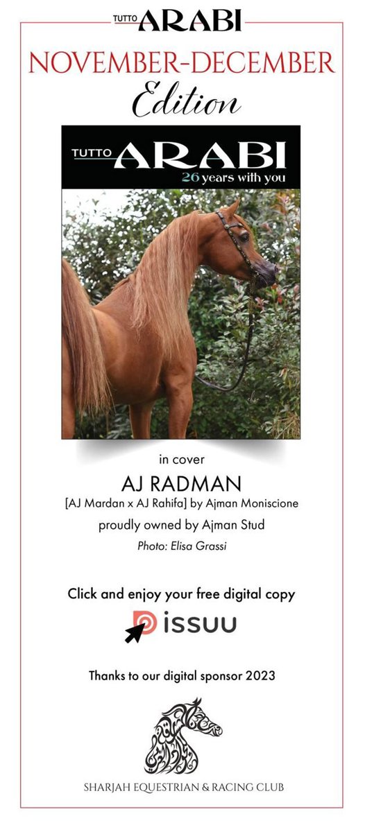 ArabianEssence's tweet image. Tutto Arabi November-December edition 
issuu.com/alimeditrice/d…

Click here to see High Resolution version:
arabianessence.tv/.../tutto-arab…

#tuttoarabimagazine #tuttoarabi #SERC #ajradman #ajmardan #ajrahifa #ajmanmoniscione #ajmanstud #sharjahequestrian