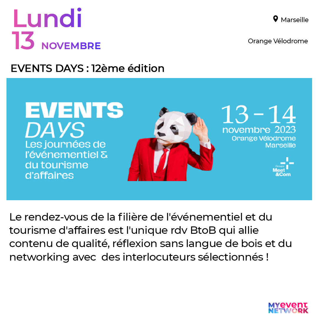 Quels sont les 4 événements #event, #communication, #digital et #média à suivre cette semaine ?📅

Au programme 📷 :
▫️ EVENTS DAYS : 12ème édition 

La suite des événements sur MyEventNetwork : lnkd.in/emmXnVSW