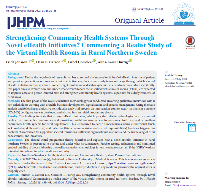 Strengthening Community Health Systems Through Novel eHealth Initiatives? Commencing a Realist Study of the #VirtualHealthRooms in Rural #NorthernSweden

ijhpm.com/article_4010.h…

doi.org/10.34172/ijhpm…

#RealistEvaluation #CommunityHealthSystem #PersonCentredCare
@umeauniversity