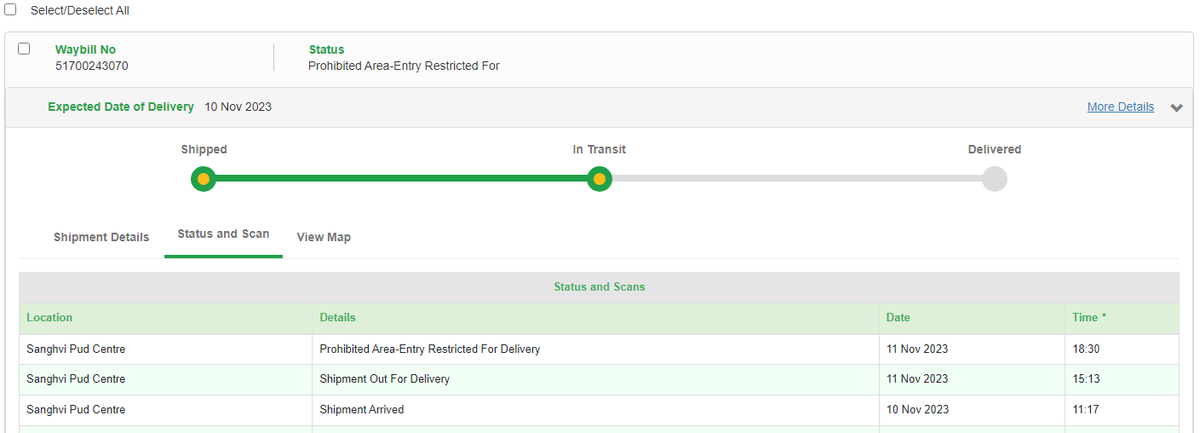 KVGameDev's tweet photo. @BlueDart_ @BlueDartCares Hello my parcel is marked as Prohibited Area-Entry Restricted For Delivery even though you guys deliver it here everytime, my area is not at all restricted, please look into this as the delivery is getting too late now https://t.co/v8hnIoU3GE