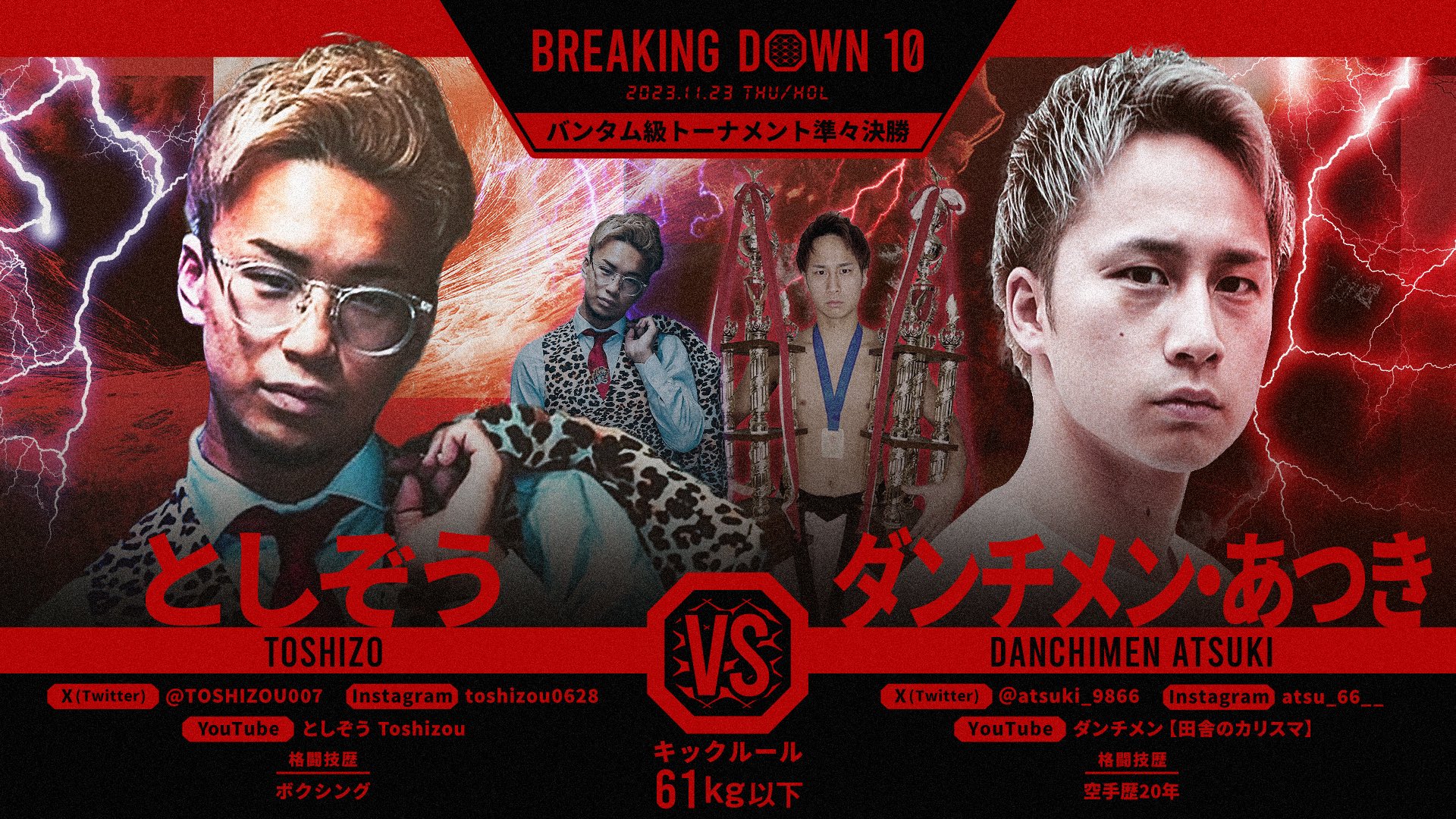 BreakingDown / ブレイキングダウン on X: "／ BreakingDown10 対戦カード発表📣 ＼ 🥊バンタム級トーナメント準々決勝61kg以下🥊 #としぞう 選手(@TOSHIZOU007) 🆚 #ダンチメン・あつき 選手(@atsuki_9866) 🗓11/23(木・祝)14:00開始予定 ▽PPVや会場チケットの購入は ...