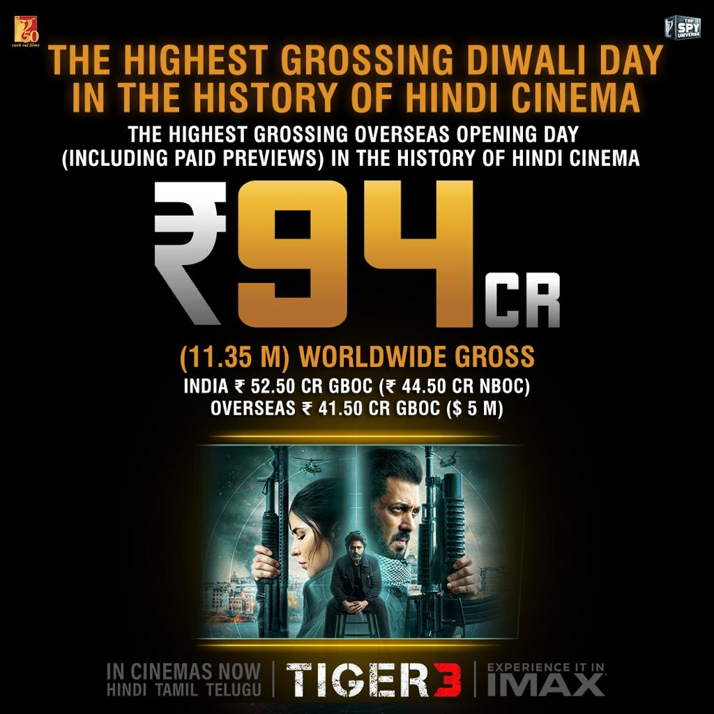 yrf's tweet image. History created on Diwali day! Love pouring in from all across the globe ❤️

Watch #Tiger3 at your nearest big screen in Hindi, Tamil &amp;amp; Telugu.

Book your tickets now - bookmy.show/Tiger3 | m.paytm.me/tiger3 

#YRF50 | #YRFSpyUniverse