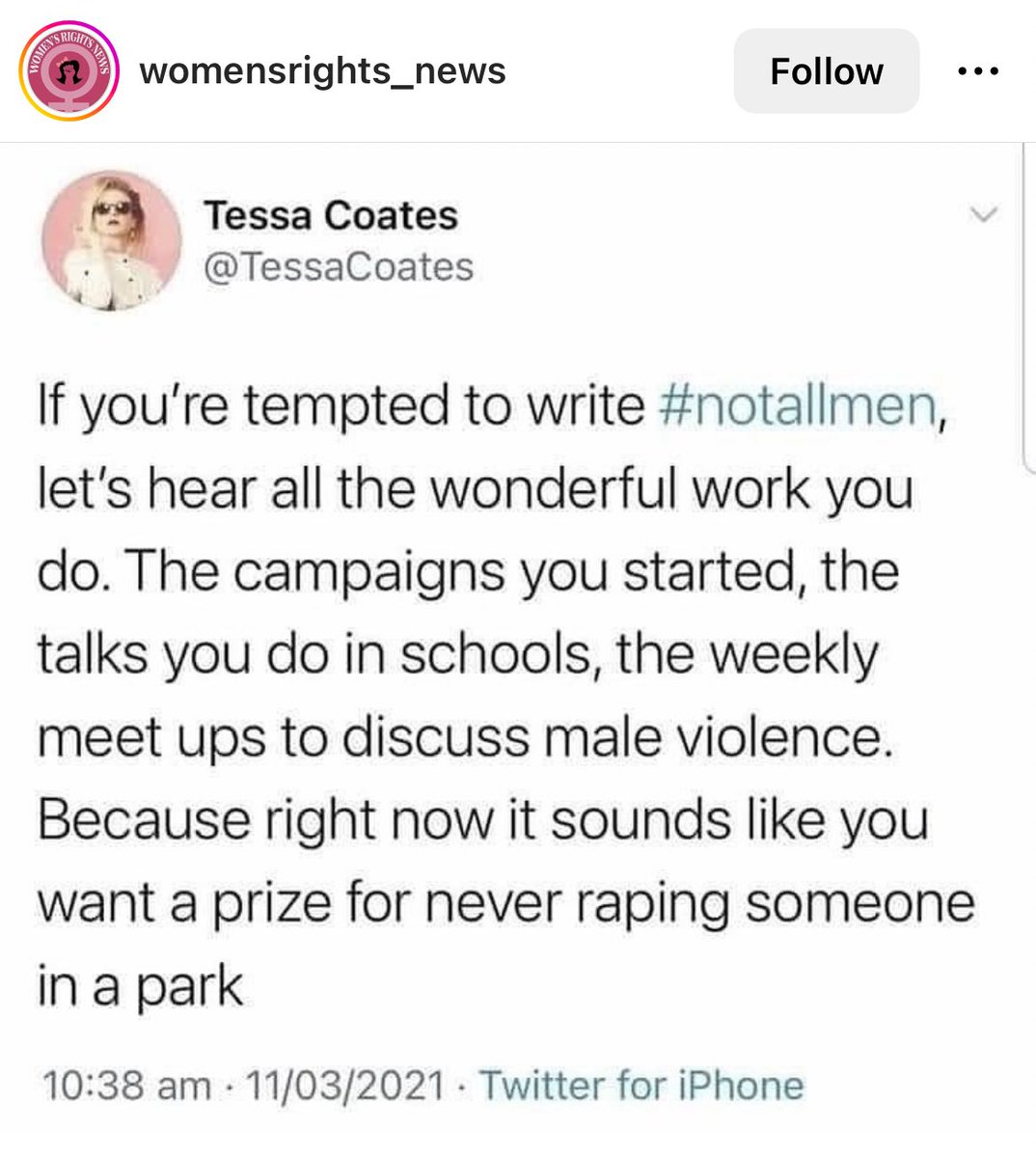 All men benefit from the bar for acceptable male behaviour being so low. 

They get to think they’re ‘good guys’ if they manage to not rape anyone or murder their wives. 

#VAGW #violenceagainstwomen #sexualviolence #STOPVAW