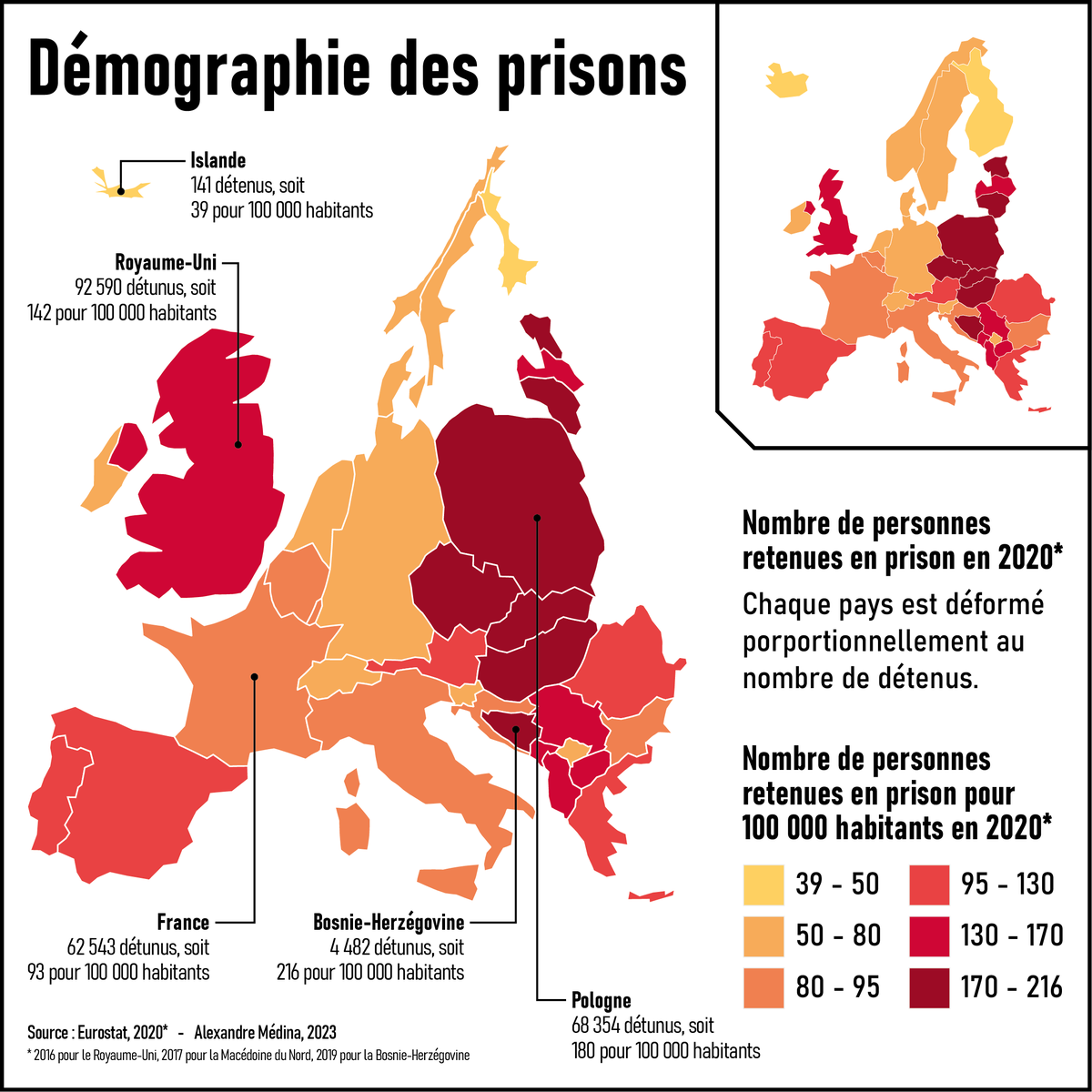 #30daymapchallenge JOUR 13 - 'Choroplèthe' 🎨 
Carte choroplèthe + anamorphose.
#carte #map #cartogram #anamorphose #europe #prison